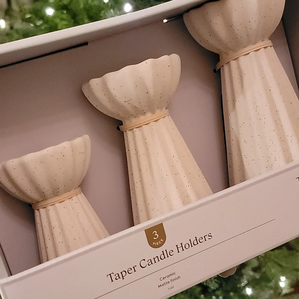 Last Day! Studio Mcgee Ceramic Ribbed Taper Candle Holders Set Beige Threshold - Picture 7 of 12